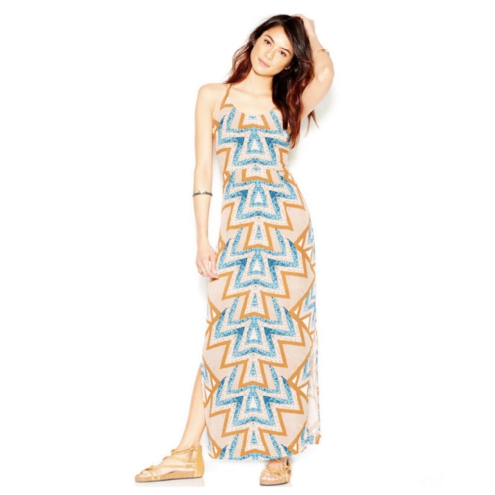 Free People Tan and Blue Geometric Maxi Dress